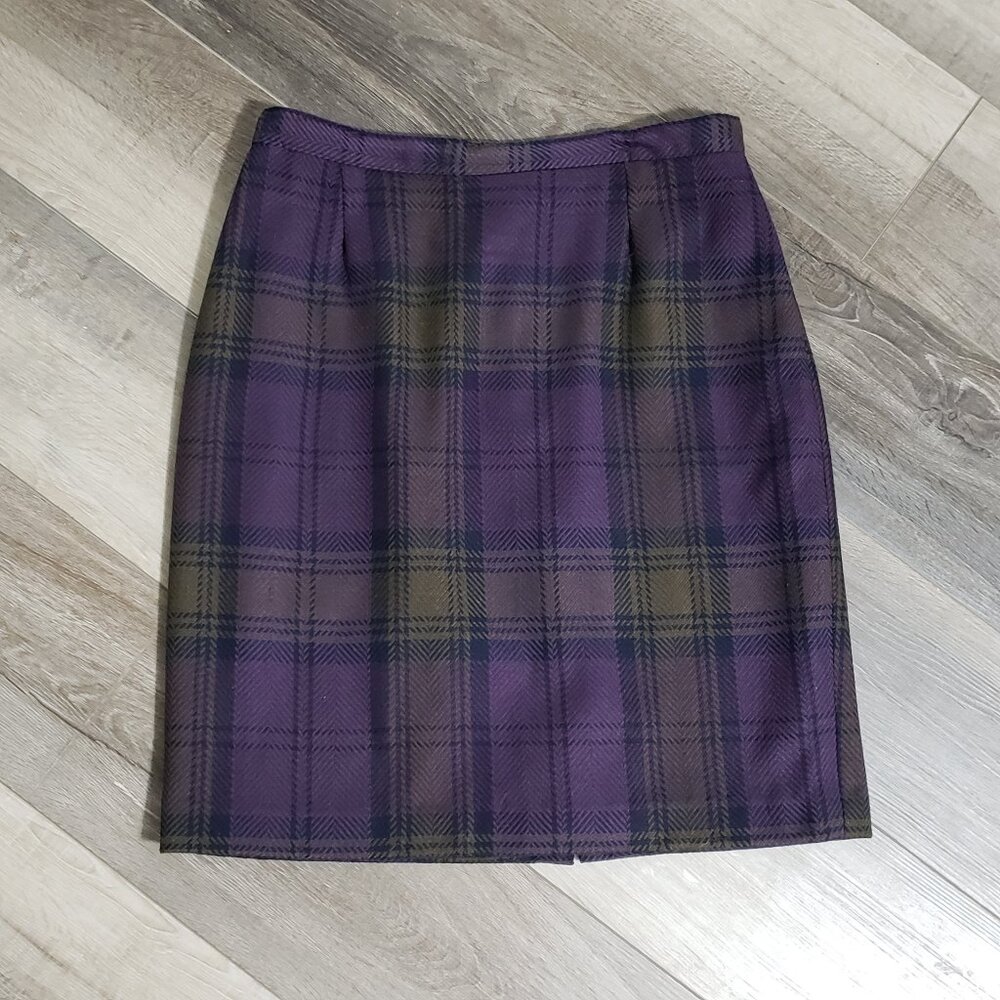 Vintage 90s Louben Pure Virgin Wool Plaid Midi Skirt Purple Herringbone Preppy